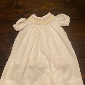 Smocked Puff Sleeve Baby Bishop Dress in White with Pastel Accents & Slip 18M